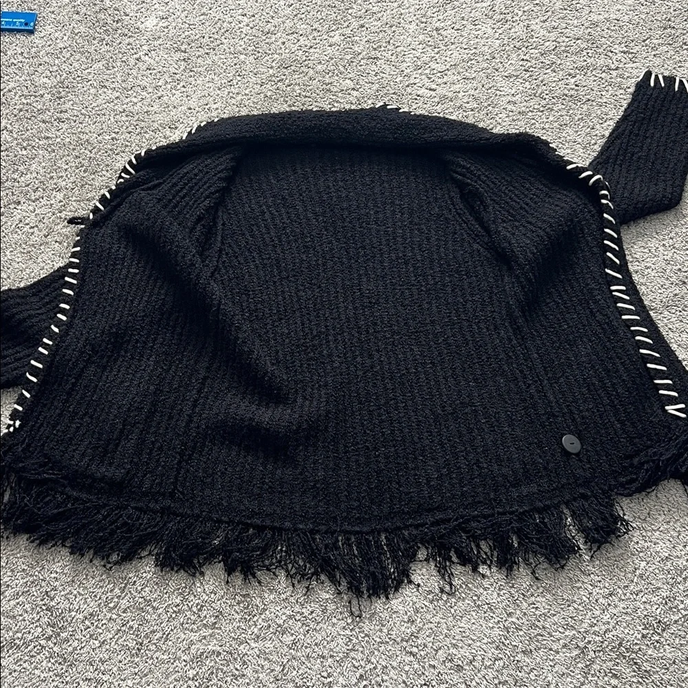 Carol Rose Women’s Black Cardigan with White Stitching and Black Fringe - Size M
